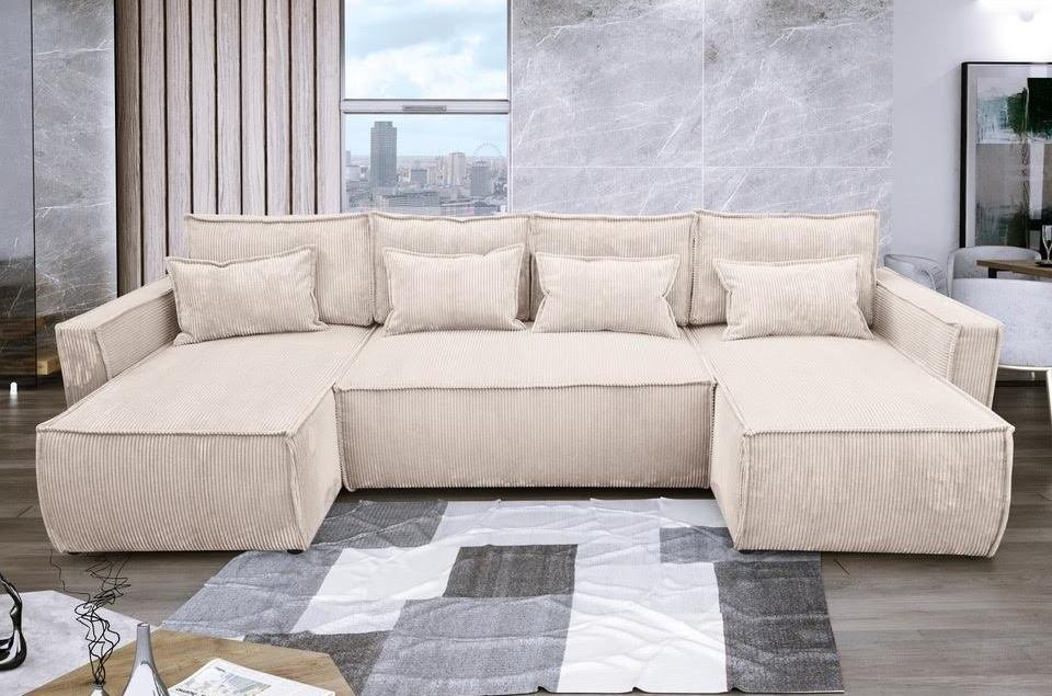 canape velours cotele beige convertible en u