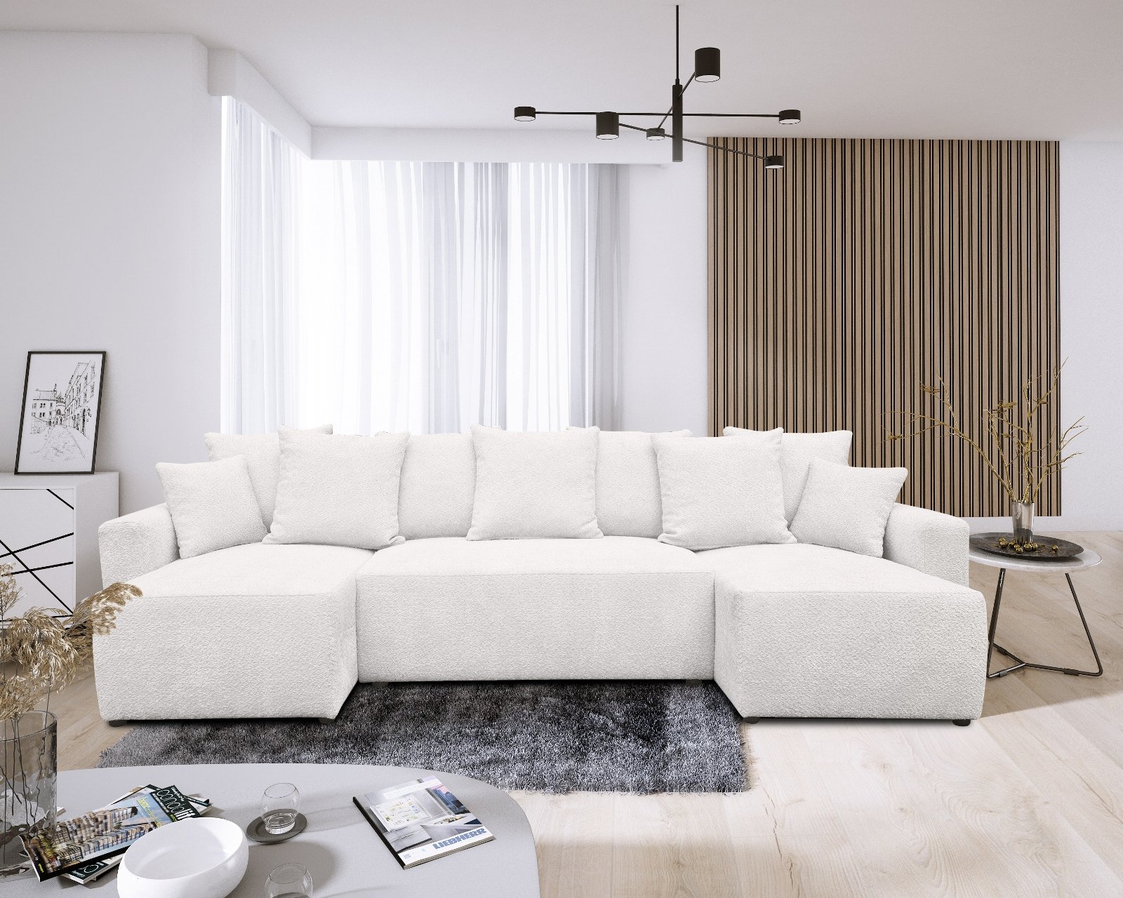 canape tissu boucle doux convertible blanc en u